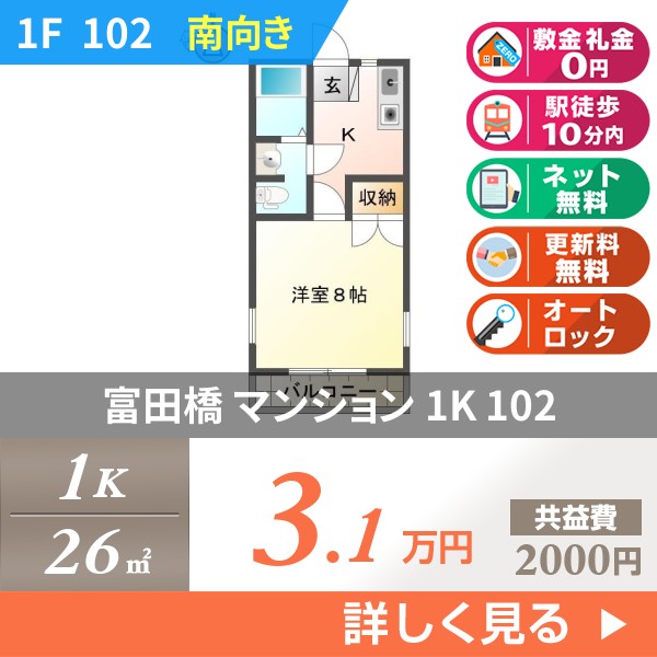 富田橋 マンション 1K 102