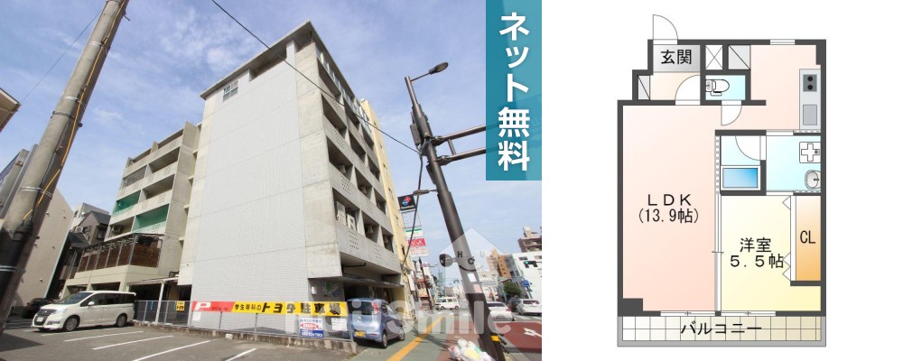 南二軒屋町 マンション 1LDK 306の外観と間取り図