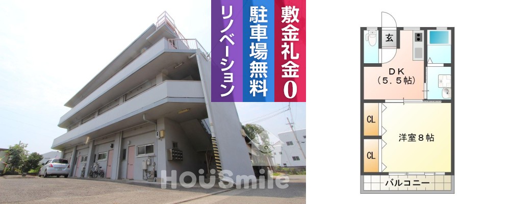 八万町内浜 マンション 1DK 16の外観と間取り図