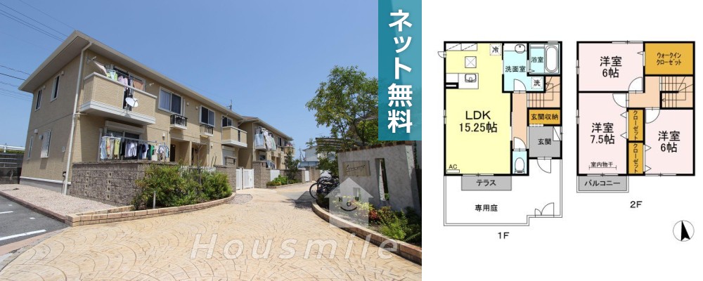 クウラージュ F棟 1の外観と間取り図