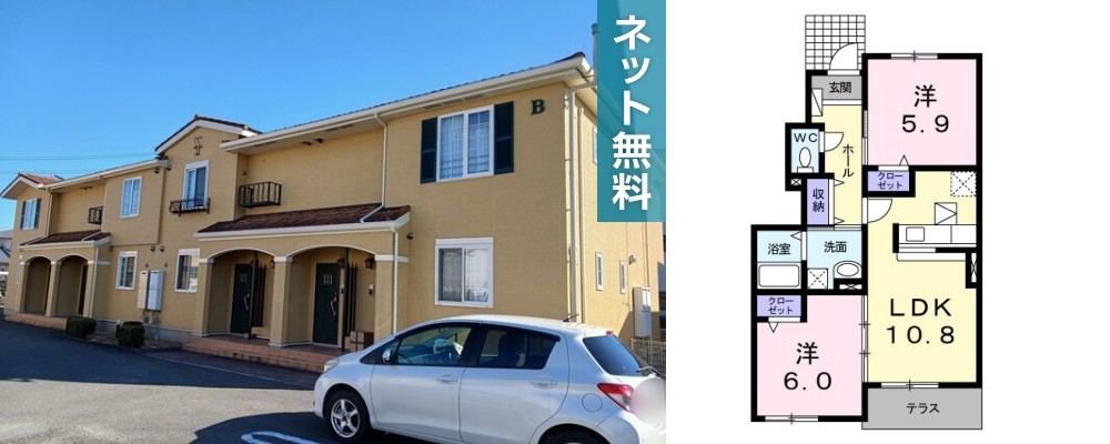 サンヴィラージュ B 103の外観と間取り図