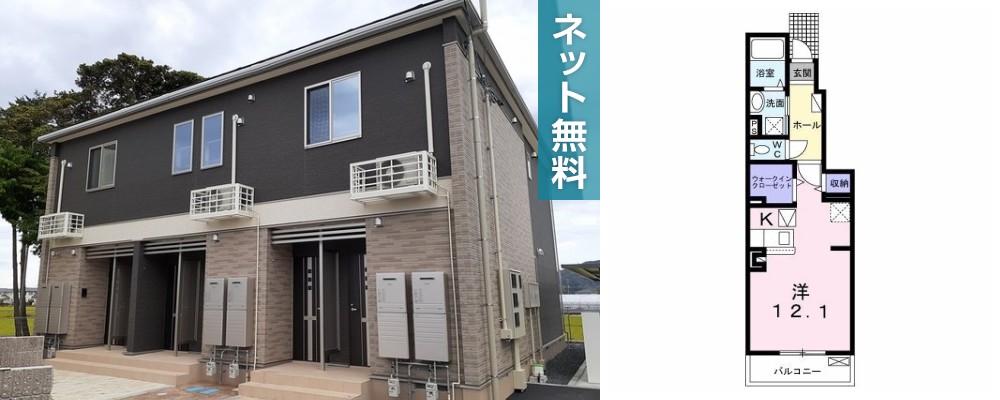 ミライエ宝田 II 102の外観と間取り図