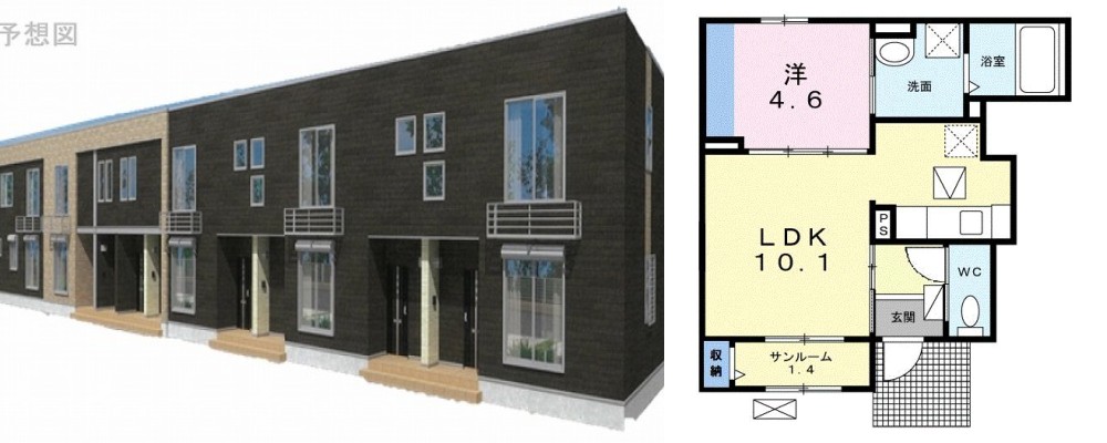 ピアチェーレ 102の外観と間取り図