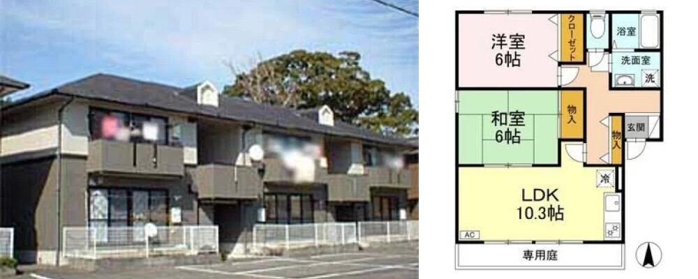 ラポール宮内 B棟 B101の外観と間取り図