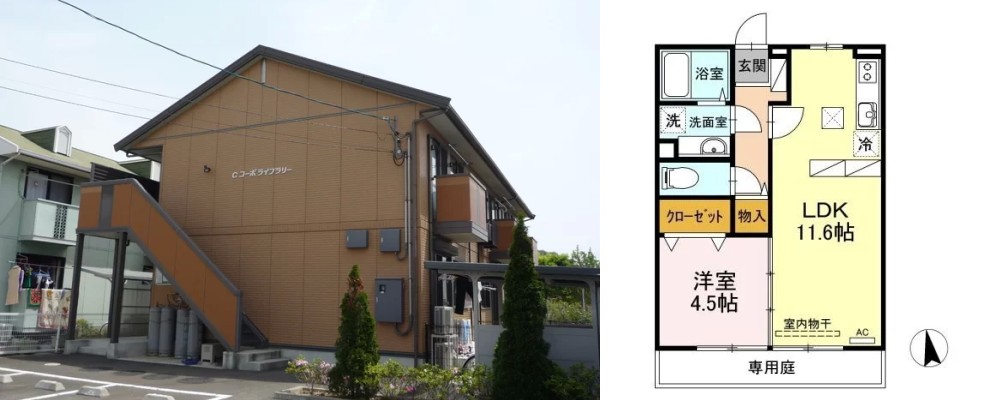コーポライブラリー C棟 C102の外観と間取り図