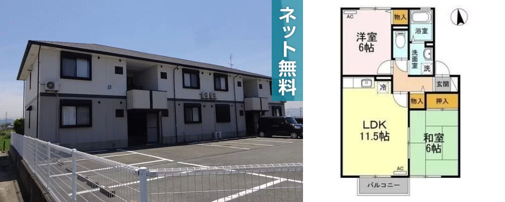 アビタシオン那賀川 B棟 102の外観と間取り図