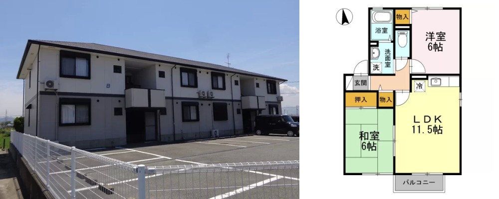 アビタシオン那賀川 B棟 201の外観と間取り図