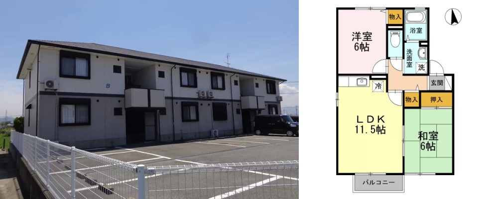 アビタシオン那賀川 B棟 205の外観と間取り図