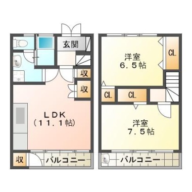 中吉野町 アパート 2LDK 西棟の間取り図
