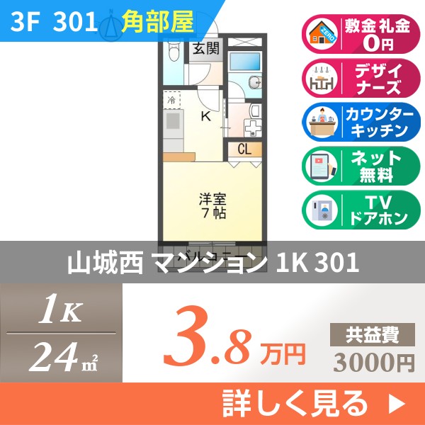 山城西 3階建マンション 1989年築 301