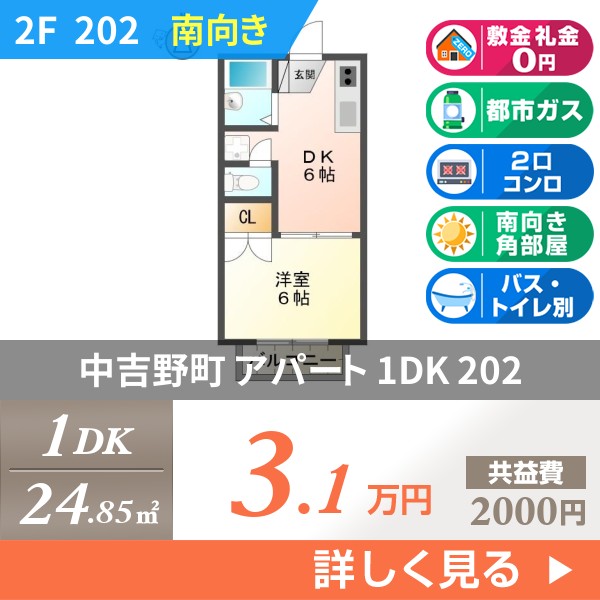 中吉野町 アパート 1DK 202