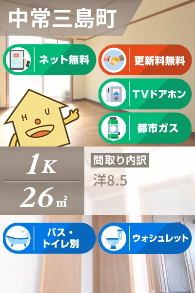 中常三島町 マンション 1K 206のお部屋の特徴