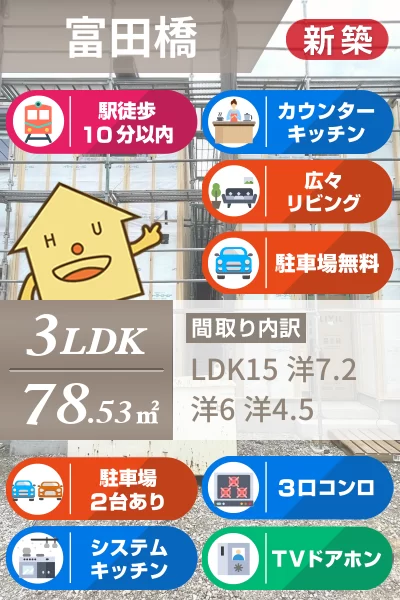 富田橋 一戸建て 3LDK Aのお部屋の特徴