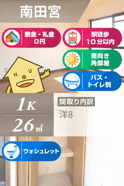 南田宮 マンション 1K 301のお部屋の特徴
