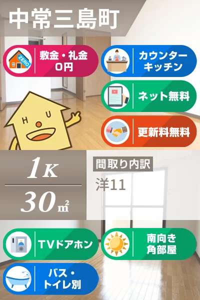 中常三島町 マンション 1K 205のお部屋の特徴