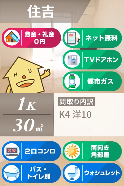 住吉 マンション 1K 204のお部屋の特徴