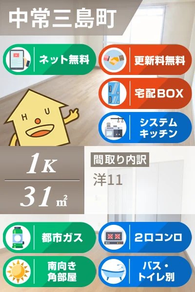 中常三島町 マンション 1K 403のお部屋の特徴